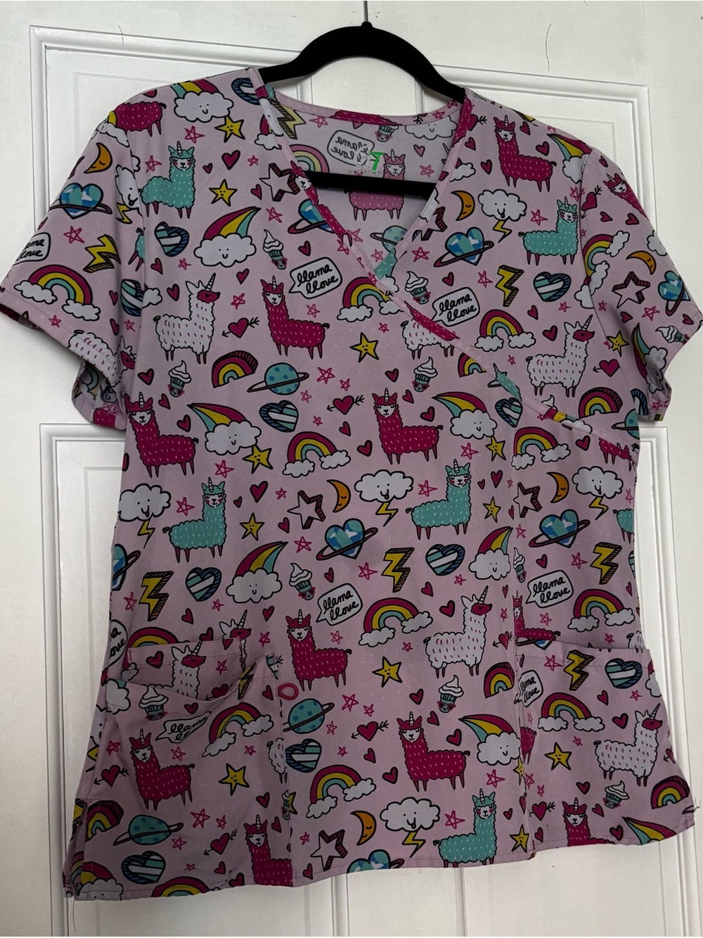 Green Town Light Pink Llama Love Scrub Top